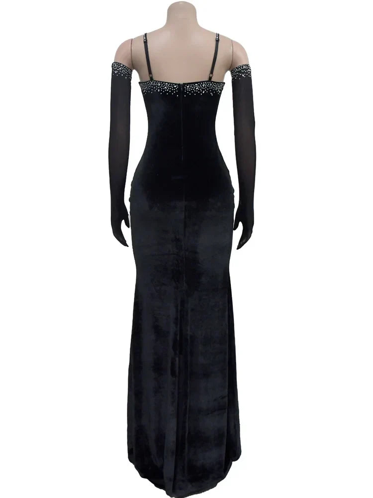 Luxury heartbeat velvet sparkle diamonds celebrities maxi evening dress gown rhinestones glove close-up