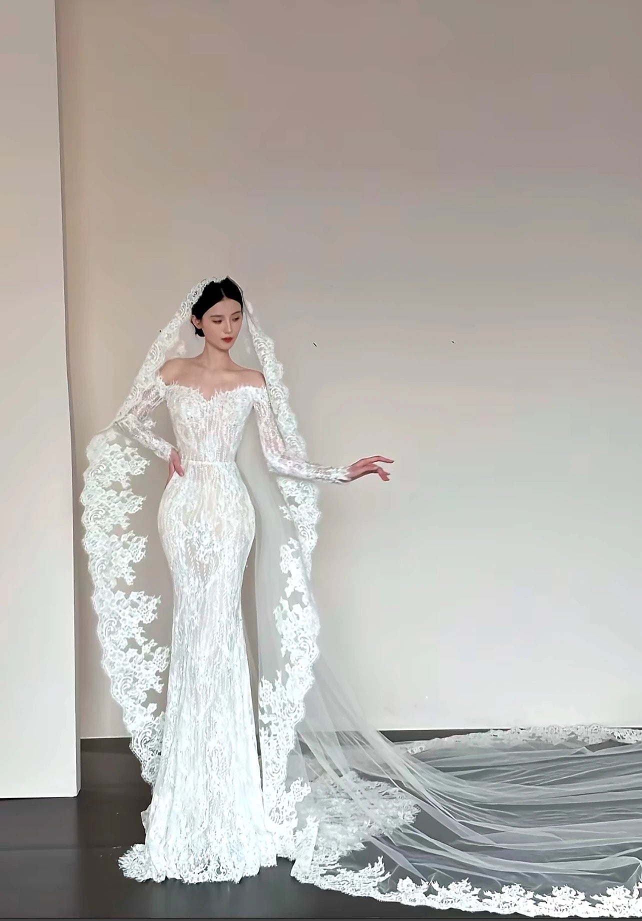 Off-shoulder see-through lace mermaid wedding dress long sleeve vintage bridal gown ivory