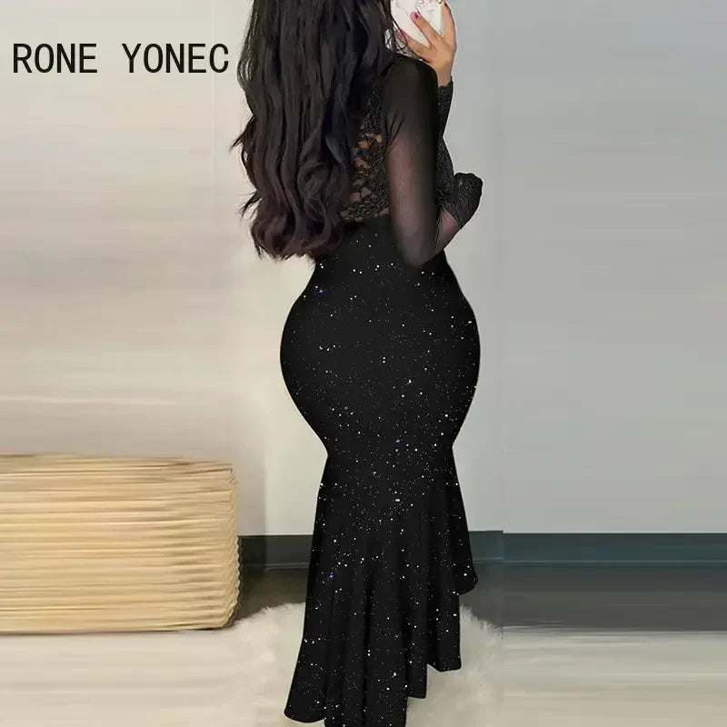 Women Glitter Chic Lace Patchwork Deep V Neck Long Sleeves High Silt Maxi Mermaid Bodycon Formal Party Dresses