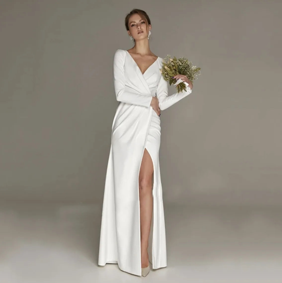 Customized Elegant Sexy Side Slit V-neck Full Sleeve Mermaid Wedding Dresses 2025 Satin Bridal Gown Sweep Zipper Floor Summer