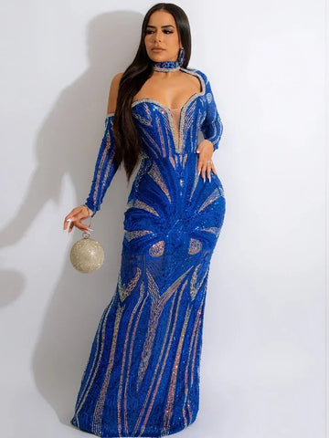 Gorgeous one shoulder rhinestones diamond long sleeve sequin mermaid evening party dress