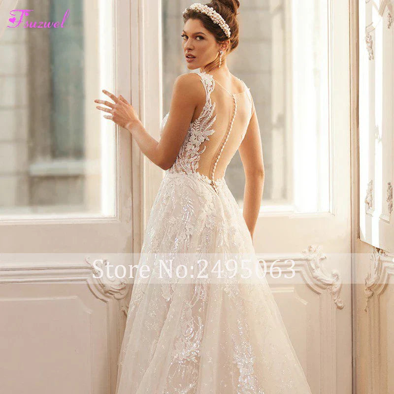 Gorgeous Appliques Sparkly A-Line Wedding Dress 2024 Luxury Beaded Sweetheart Neck Buttons Vintage Bridal Gown Customize