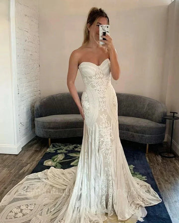 Strapless Sexy Mermaid White Wedding Dress Off The Shoulder Lace Applique Lace up Back Bridal Gowns For Women Vestido De Novia