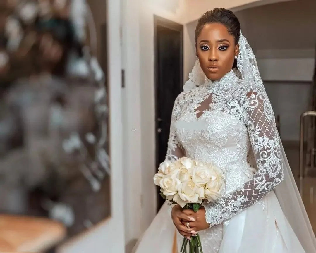 Graceful Lace A Line Wedding Dresses Beaded High Neck Plus Size Bridal Gowns Detachable Train Applique Long Sleeves Tulle