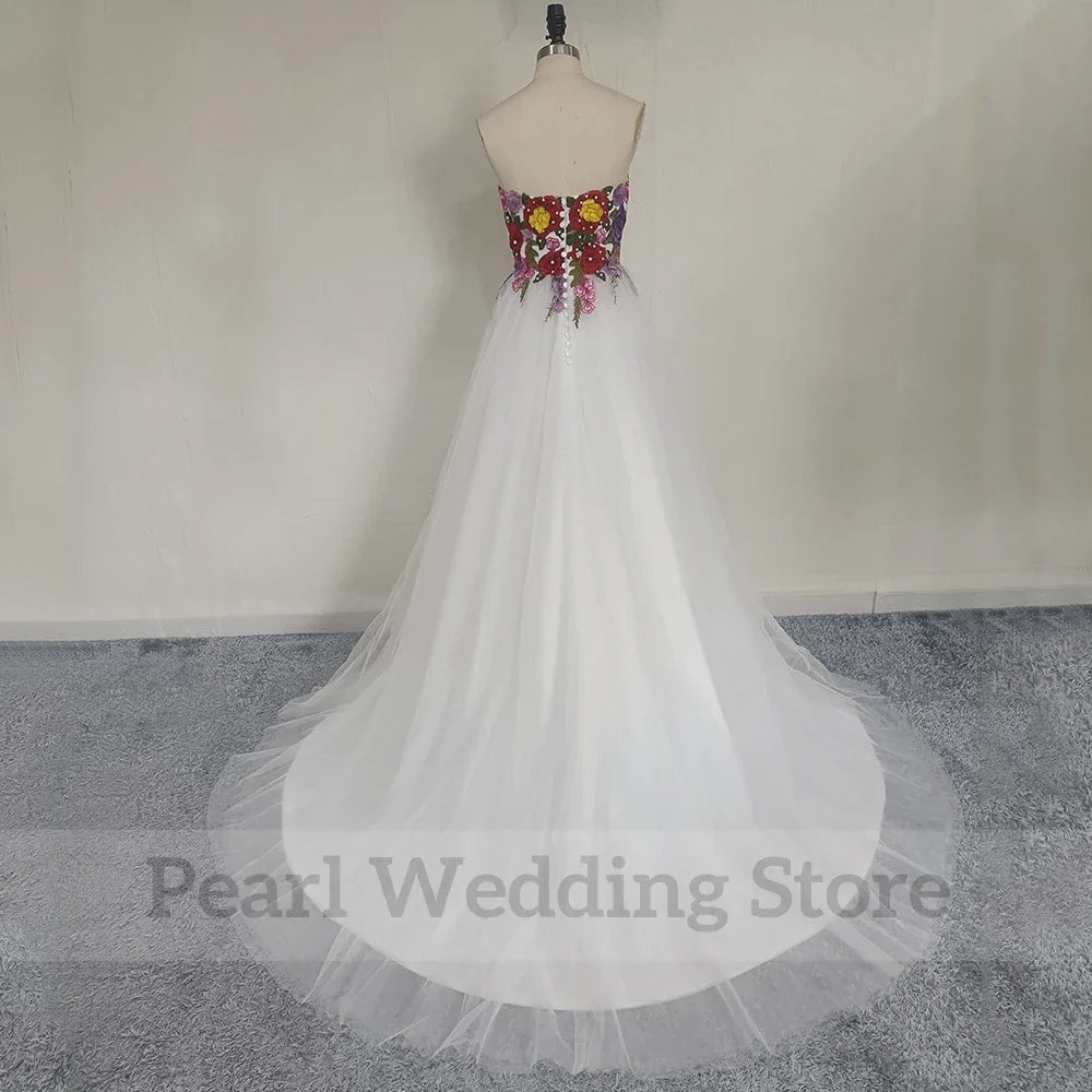 Colourful embroidery wedding dress strapless sleeveless A-line floor length tulle backless sweep train bridal gown