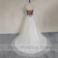 Strapless sleeveless embroidery A-line floor length tulle backless sweep train colourful wedding dress ivory