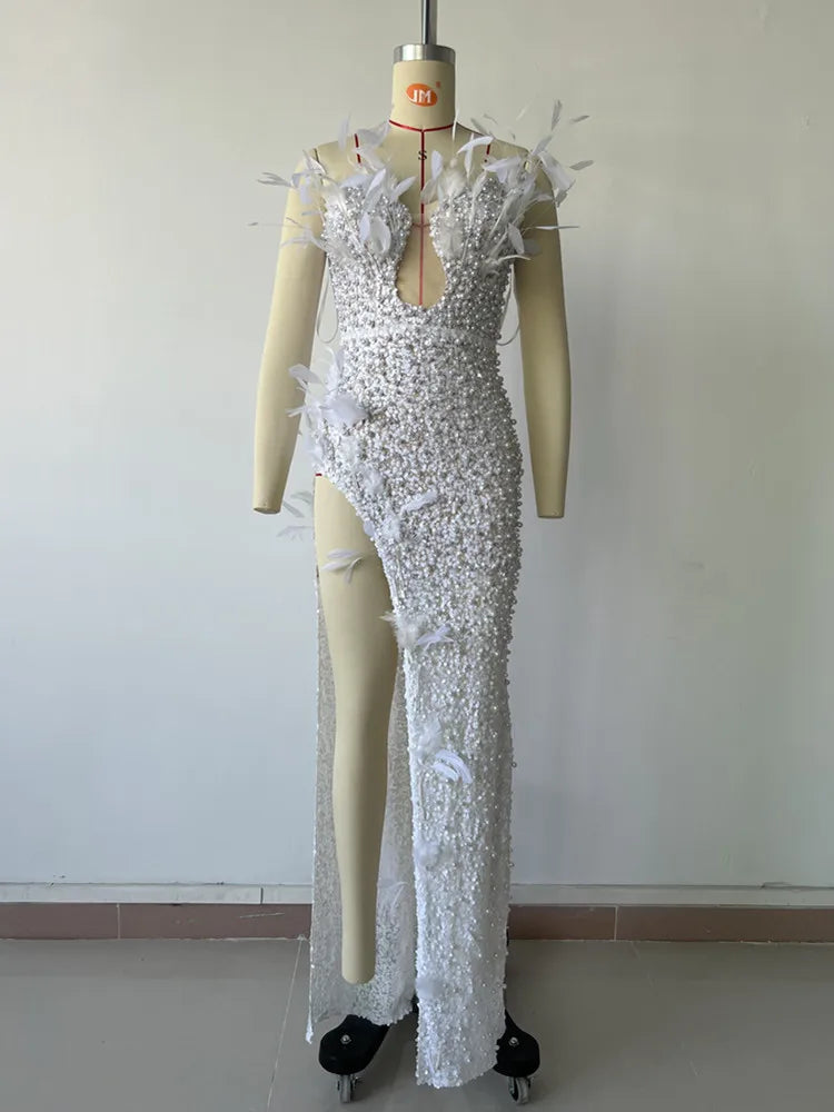 Luxury Sexy Strapless Feather Sequins White Pearl Maxi Long Women Gowns Dress Elegant Party Evening Stage Performance Dress