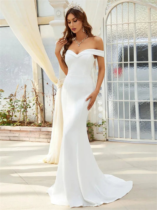 White Off Shoulder Bodice Mermaid Wedding Dress Elegant Open Back Zipper Floor Length Sweep Train Gowns For Bride