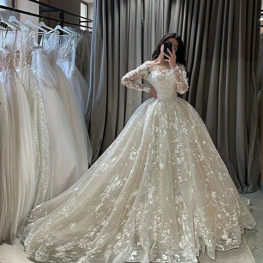 3D Lace Wedding Dresses 3D Lace Long Sleeve Appliques Bride Dress Vintage Appliques Wedding Gowns 2024 WHITE