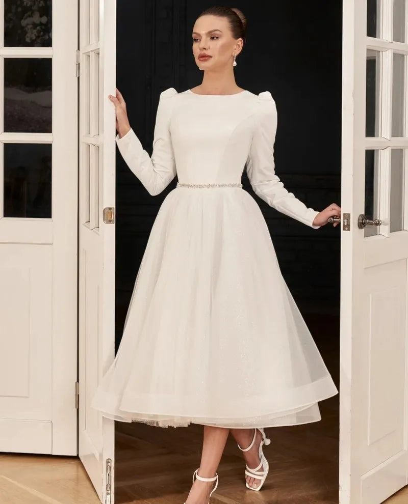 Classic short wedding dress long sleeves satin tulle ankle length bride bridal party gown civil