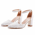 High heels lace crystal elegant white ankle strap fashion party wedding women shoes close-up