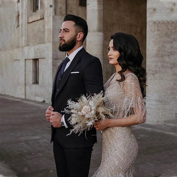 ToBeBridal Luxury Acutal Photos Elegant Fitted Evening Dress Luxurious Feathers Heavily Beaded Cap Sleeves Gowns TE9476