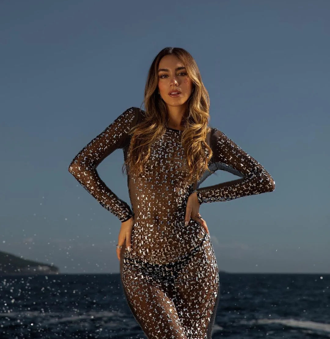 Mesh glitter slim long sleeve see-through sexy bodycon night club maxi cover-up dress back view