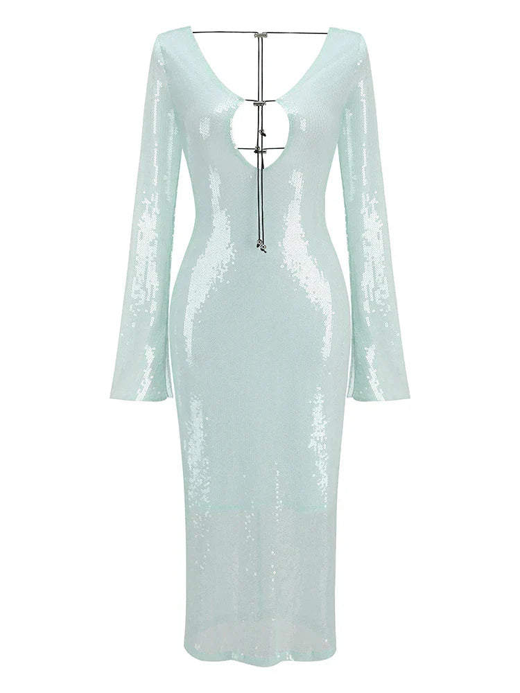 Sexy Luxury Sequins Deep V Long Sleeve Backless Sequins Long Dress Elegant  Bodycon Maxi Evening Party Clubwear Dress