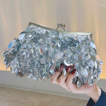 Glitter Banquet Bag Dinner Party Clutches Silver Handwoven Fashion Beaded Sequin Wedding Handbags Ladies Luxury Purse