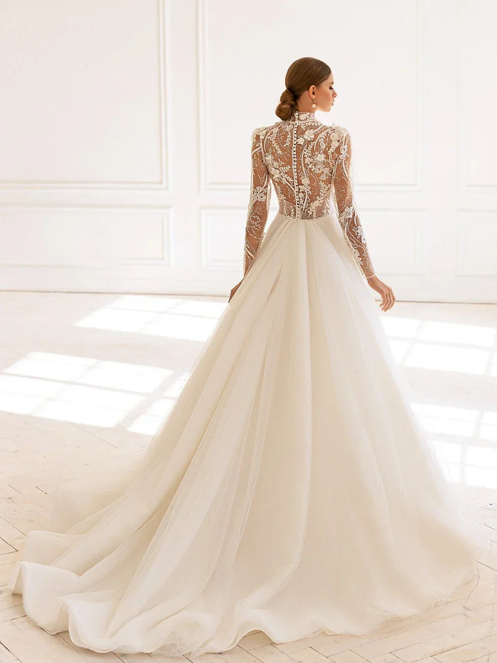 Modest High Collar Long Sleeve Wedding Dress Sparkly Sequins Beads Bride Robe Elegant Appliques Long Bridal Gown Robe De Mariée