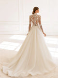 Long sleeve modest high collar sparkly sequins beads elegant appliques bridal gown back view