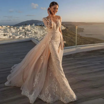 Custom made Gorgeous Detachable 2 In 1 Wedding Dress 2025 With Train Oneck Fullsleeve Vintage Bride Gown Vestido De Novia