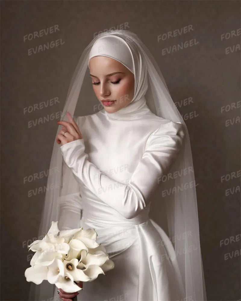 Luxury Muslim Wedding Dresses Mermaid Woman's Long Sleeve High Neck Satin Formal Bride Gowns Elegant Vestido De Novia Customized