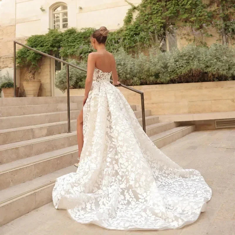 New A-line sweetheart full lace sleeveless side slit boho wedding dress bride gown