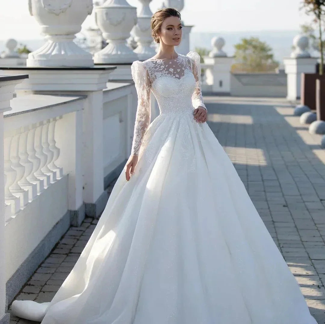 Sexy lace applique bridesmaid elegant long sleeve beach fluffy princess evening gown front view