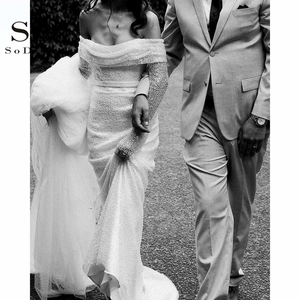 SoDigne Glitter Mermaid Wedding Dress 2023 Long Sleeves Draped Train Sexy Long Bridal Gown Women Vestido De Noiva