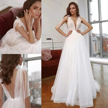 Sexy V-neck Bow Lace Pearl A-line Wedding dress V-neck Sexy Garden Bridal dress Sweep skirt plus size backless dress de Mariee