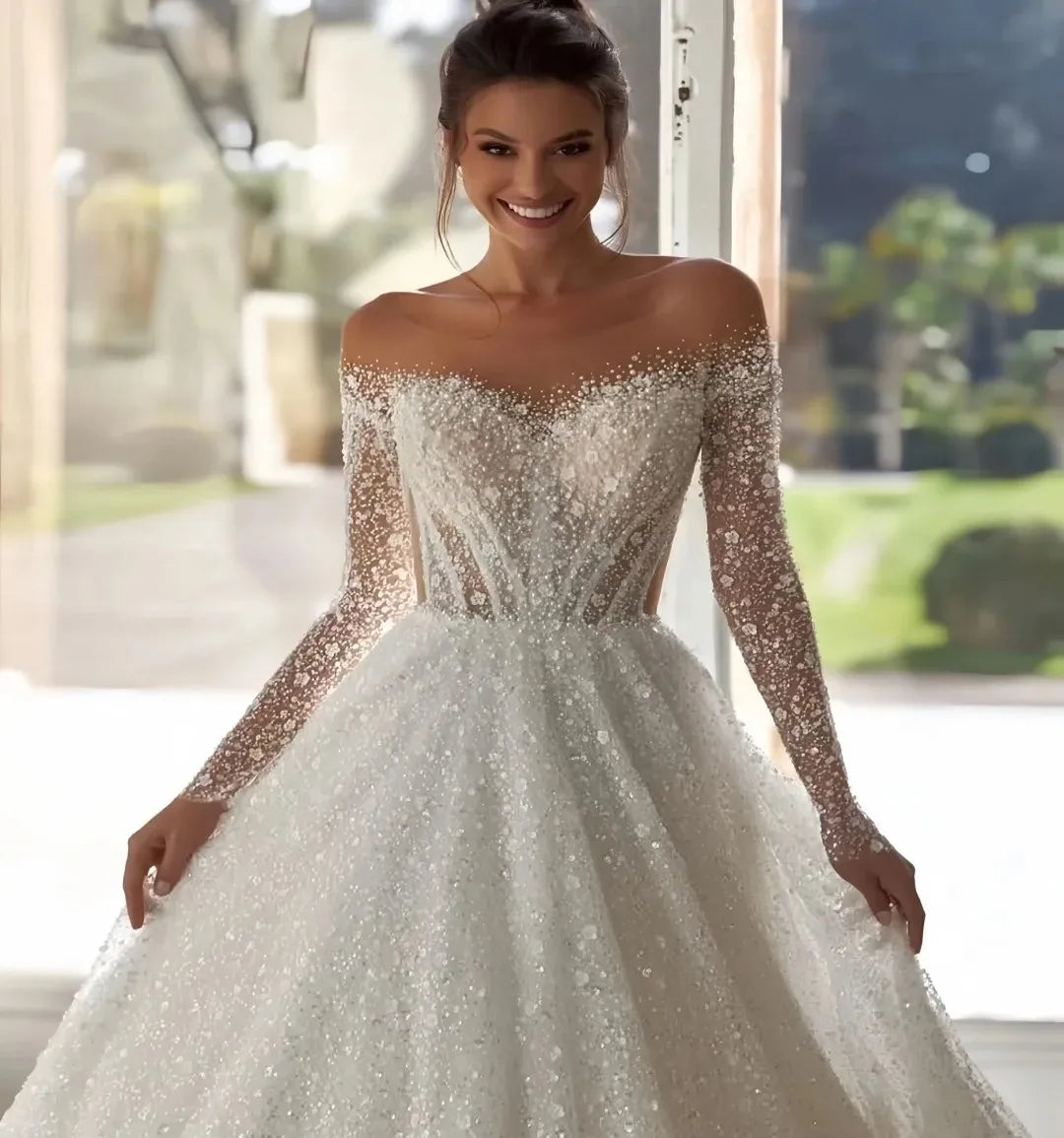 2026 Beads Sequined Wedding Dress Sheer Neck Long Sleeves Pearls A-line Bridal Gown Fashion Robe De Mariage for Bride