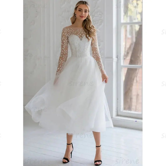 Customized Short Wedding Dresses White A-Line O-Neck Long Sleeve Lace Applique Tulle Illusion Back Bridal Gown Tea Length 2025