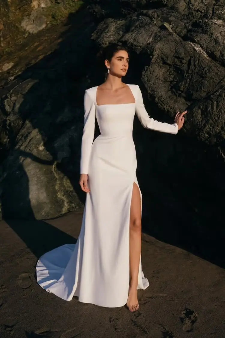 Civil Crepe Mermaid Wedding Dresses High Slit Formal Wedding Party Dress Long Sleeves Mermaid Bridal Gowns Customized