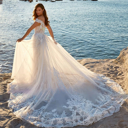 Vintage V-neck Mermaid Wedding Dress with Detachable Train Off Shoulder Appliques Backless Bridal Gown Vestido De Novia