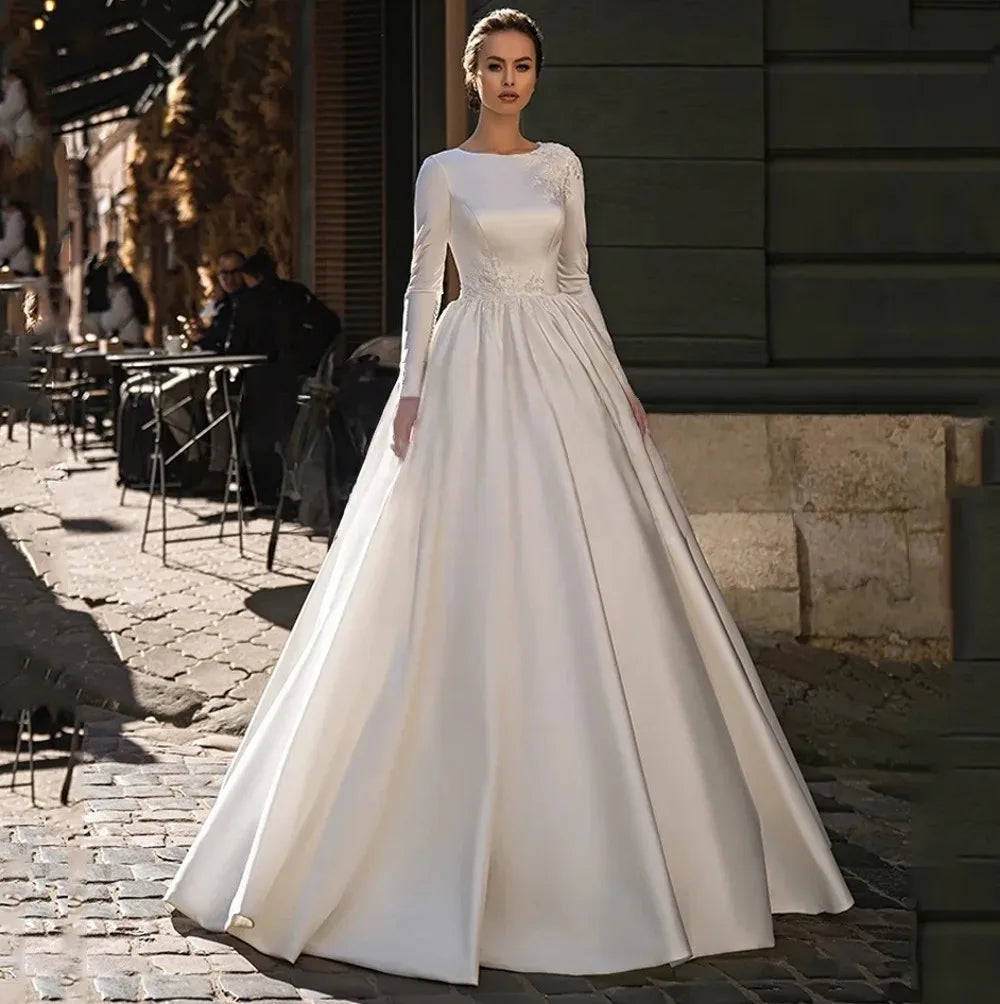 Elegant A-line wedding dress scoop long sleeves lace sequin applique sweep train bridal gown