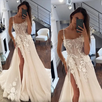 Luxury Retro Bridal Wedding Dress Sexy Side Slit Italian Strap Lace Applique tulle Pearl Designer Beach Elegant Bridal Dress