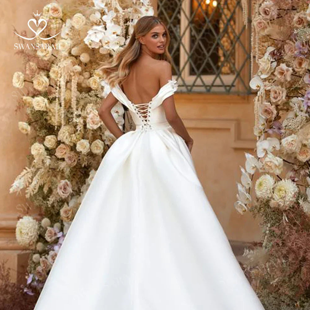 3D Flowers Mermaid Wedding Dress 2024 Off Shoulder Satin Detachable Train Princess Bride Gown SwanSarah M254 Vestido De Novia