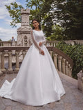 Custom made satin vintage A-line boat neck elegant full sleeve button beading wedding dress close-up