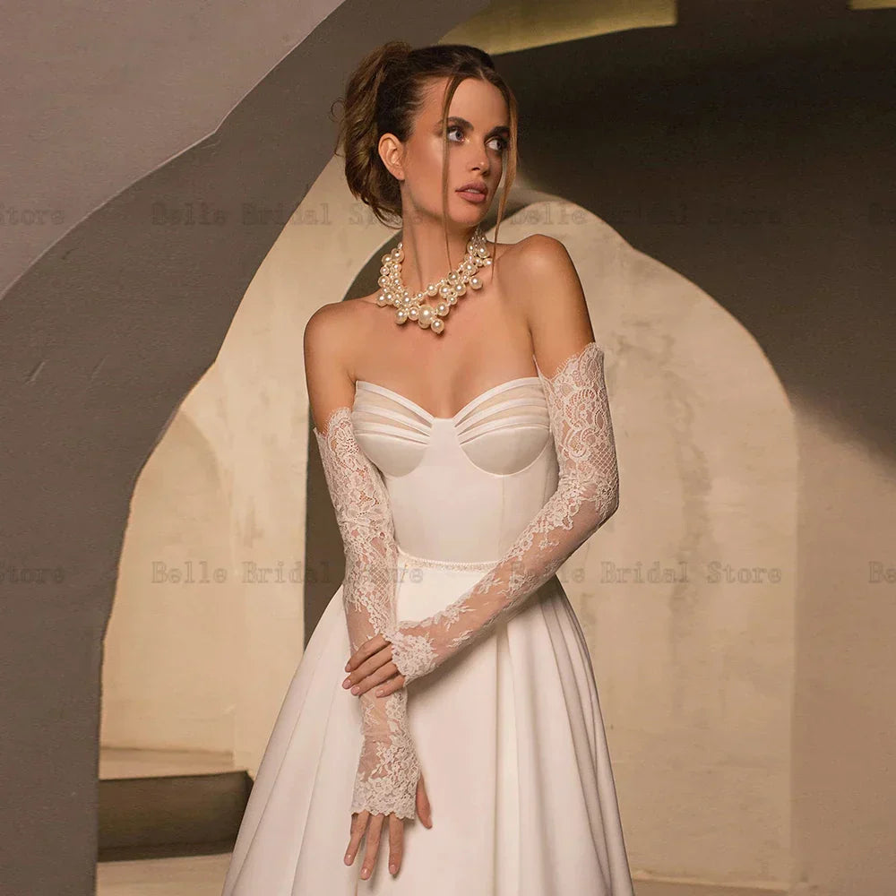 Exquisite Strapless Wedding Dresses Long Lace Sleeves Sweetheart Neck Bridal Gowns Backless A-Line Sweep Train свадебное платье