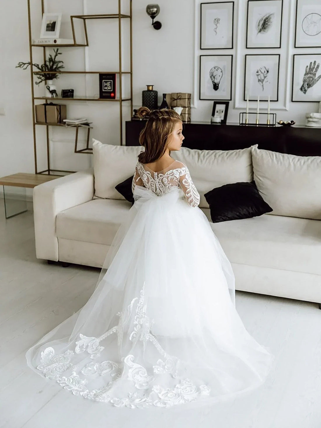 FATAPAESE White Kids Bridesmaid Dress for Girls Flower Long Sleeve Floral Lace Tulle A Line Gown Appqulies Wedding Even