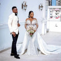 Illusion lace beaded Arabic Dubai plus size mermaid detachable train wedding dress bridal gown detail