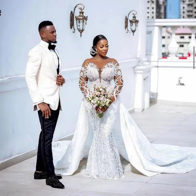 Plus Size Mermaid Wedding Dress With Detachable Train Beaded Illusion Lace Appliqued Bridal Gown Arabic Dubai Robe De Mairage