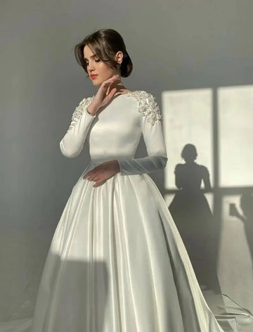 Muslim Long Sleeves Weding Dresses A Line Detachable Train Dubai Arabic Bridal Gowns For Women With Beaded Hijab Robe De Soirée