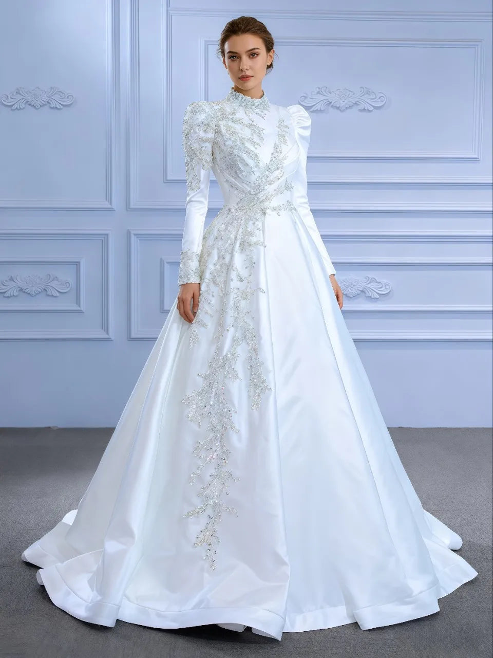 Elegant Arabic Dubai wedding dress high neck embroidery sequins satin A-line bridal gown