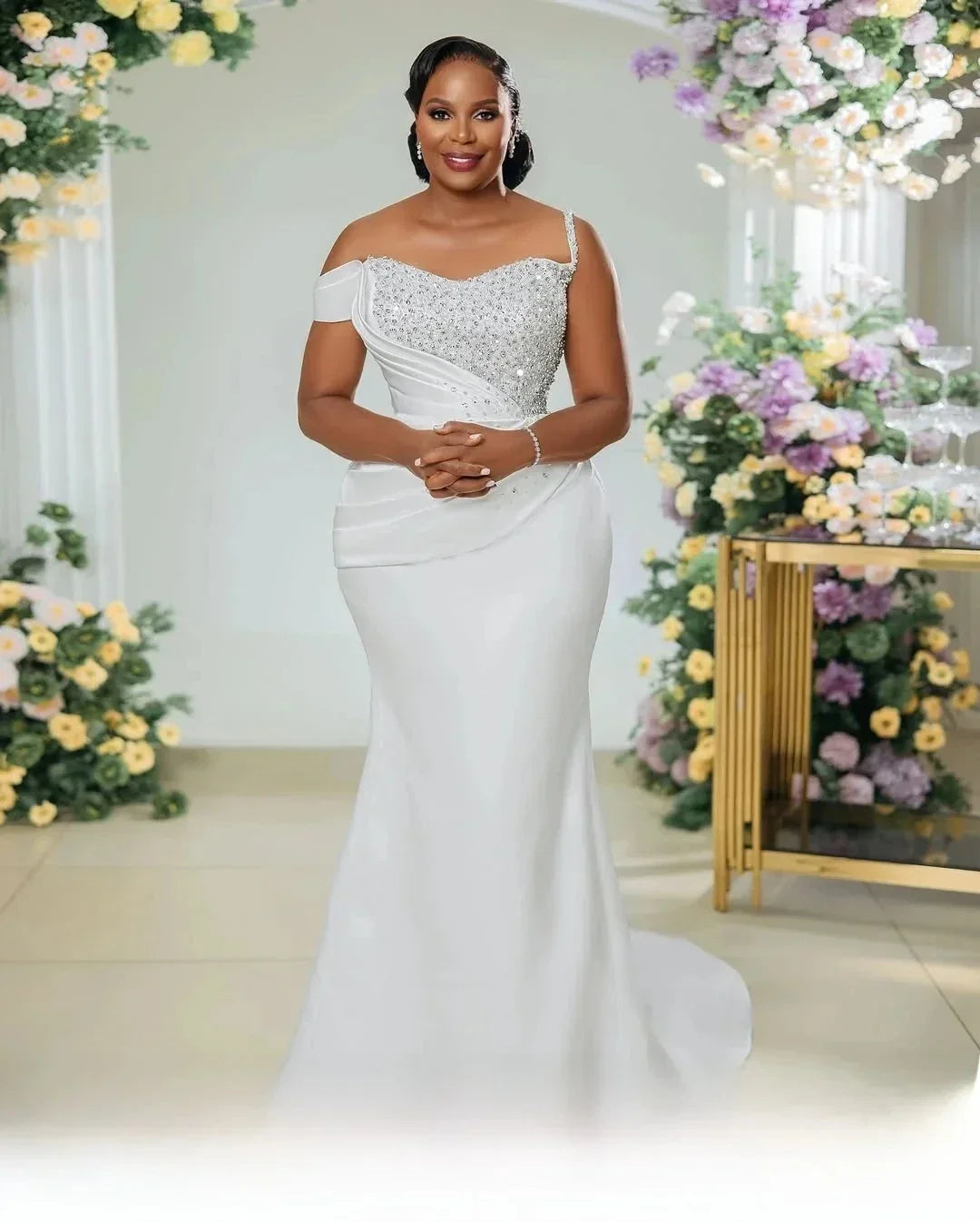 New Arabic Dubai mermaid wedding dress sparkly one shoulder pleats satin beads crystals bridal gown