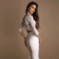 Long sleeves two pieces scoop lace modern bridal gown floor length front view