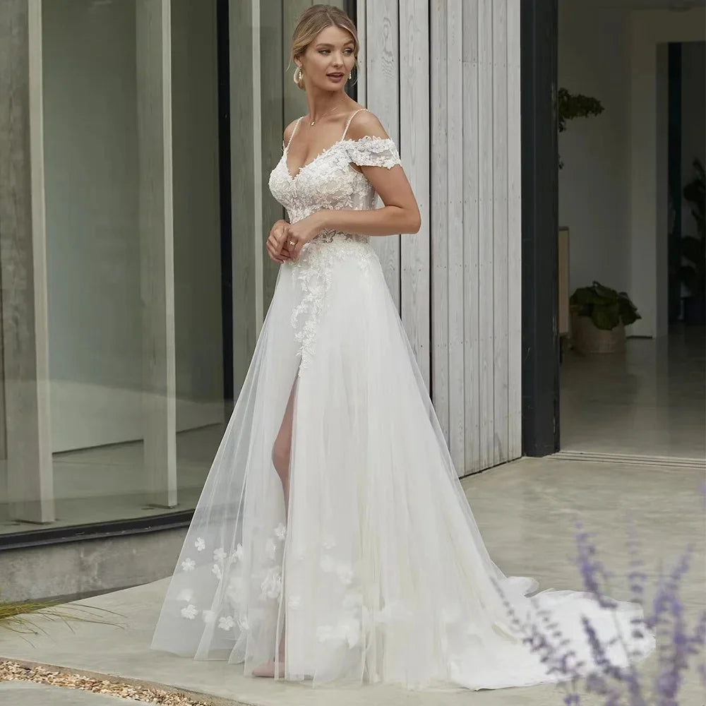 Customized Off the Shoulder Vestidos De Novia Spaghetti Straps Backless A Line Wedding Dresses Appliques Vestido De Noiva