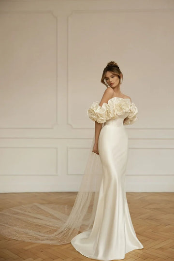 Vintage Mermaid wedding dress sexy off-the-shoulder handcrafted flowers plus dimensions with removable train bridal gown