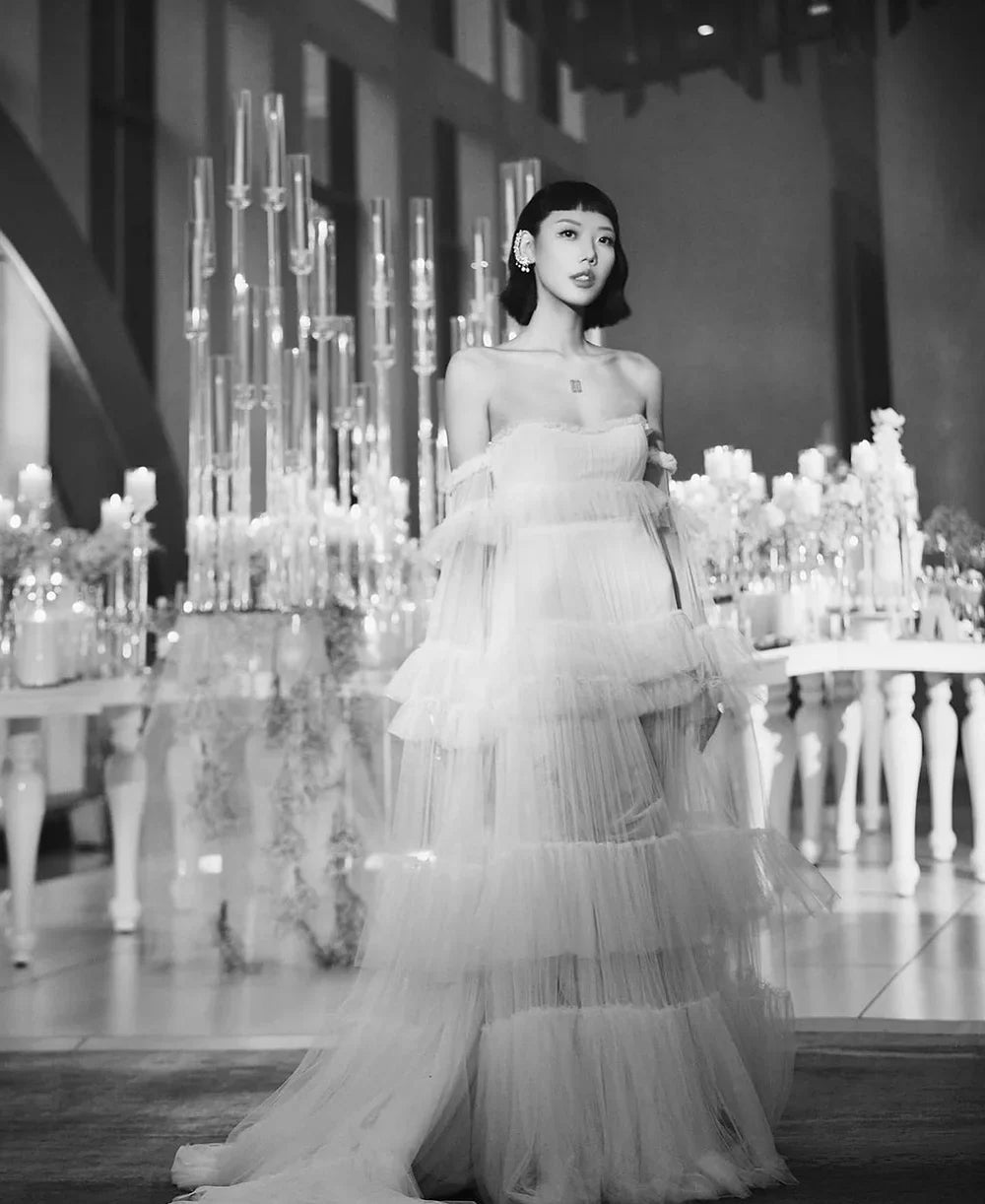 Romantic Tulle Wedding Dresses Layered Off Shoulder Puffy Sleeves Elegant Wedding Paty Gown Women Bride Dress Customized