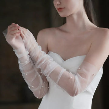 WG052 Exquisite Wedding Fingerless White / Black Gloves Long Tulle Pearls Brides Bridesmaid Sleevelet Women Marriage Accessories