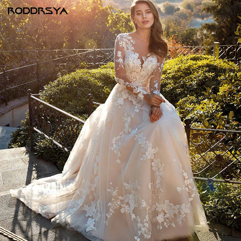 RODDRSYA Elegant Lace A-line Wedding Dress Long Sleeves Bride Gowns Custom Made Applique O-Neck Button Tulle robe de mariée
