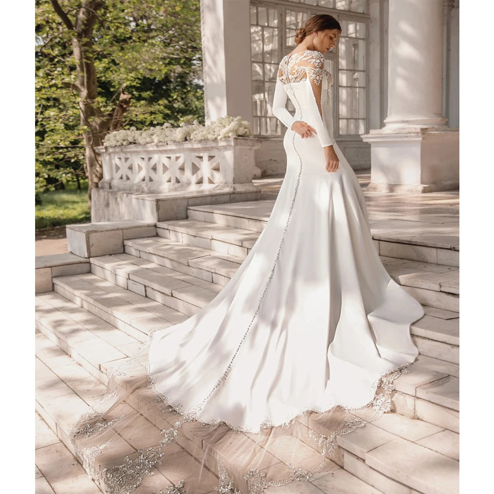 Round Neck Lace Long Sleeves Wedding Dresses For Women Satin Surface Mermaid Gowns 2024 Princess Mopping Length High Fork Robes