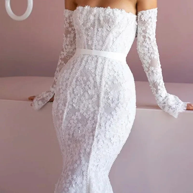 Customized New Off The Shoulder Simple Mermaid Wedding Dress With Sashes Lace Up Back Tulle Bridal Gown